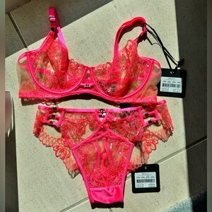 Honey Birdette neon pink Bella bra panties 32D XXS
